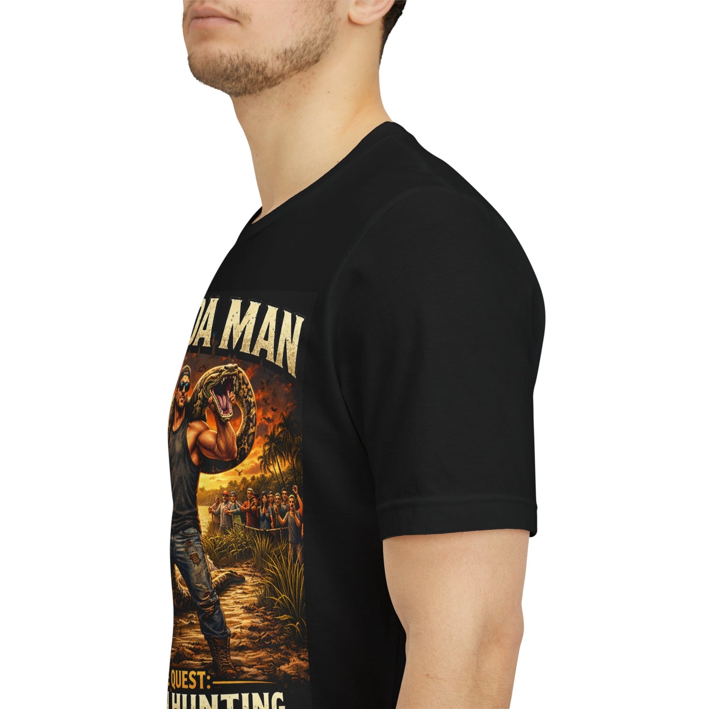 Florida Man Python Hunting Shirt, Funny Florida Meme Tee, Everglades Gator Hunter Graphic T-Shirt, Florida Gift for Men, Black Graphic Tee.