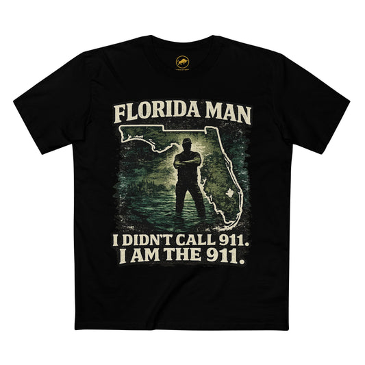 Florida Man Shirt, Funny Florida Graphic Tee, I Am The 911 Shirt, Vintage Distressed Humor T-Shirt, Premium AS Colour 5001 Florida Meme Tee.