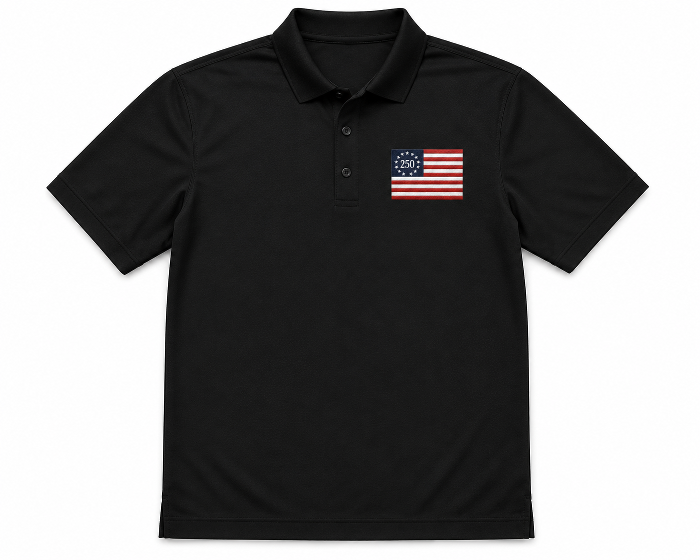 USA 250 Premium Embroidered Black Polo | Betsy Ross 13 Star Flag | Mercer+Mettle Performance Golf Shirt.