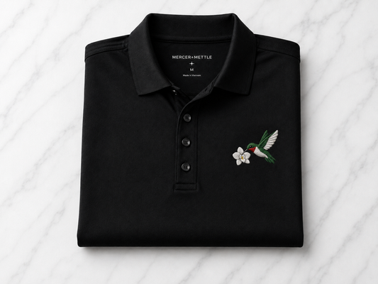Hummingbird Premium Polo, Bird Polo, Mercer + Mettle Performance Polo, Ruby-Throated Hummingbird Embroidered Golf Shirt, Gift.