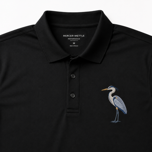 Great Blue Heron Premium Polo, Bird Polo, Mercer + Mettle Performance Golf Shirt, Embroidered Coastal Wildlife Polo, Lover Gift.