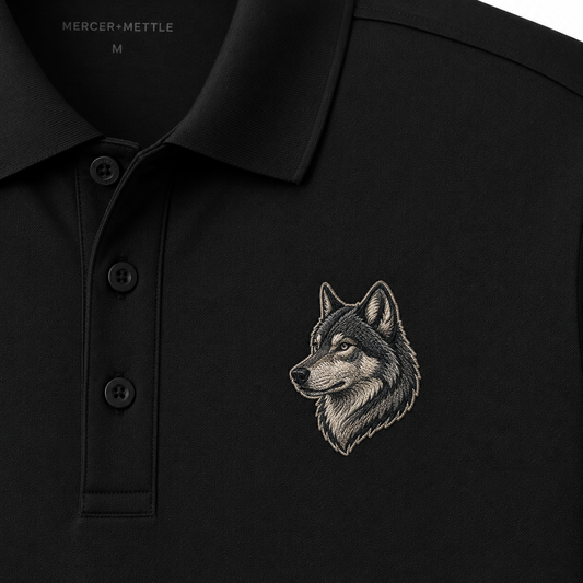 Wolf Embroidered Polo Shirt, Premium Black Mercer Mettle Golf Polo, Gray Wolf Wildlife Shirt, Lodge Outdoor Gift.
