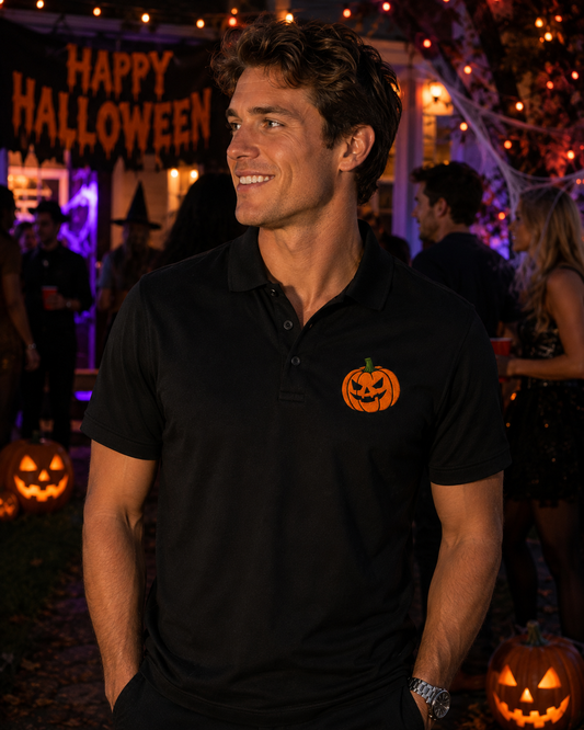 Embroidered Halloween Pumpkin Polo Shirt, Jack O Lantern Polo, Spooky Halloween Shirt, Premium Black Performance Polo, Halloween Golf Shirt.