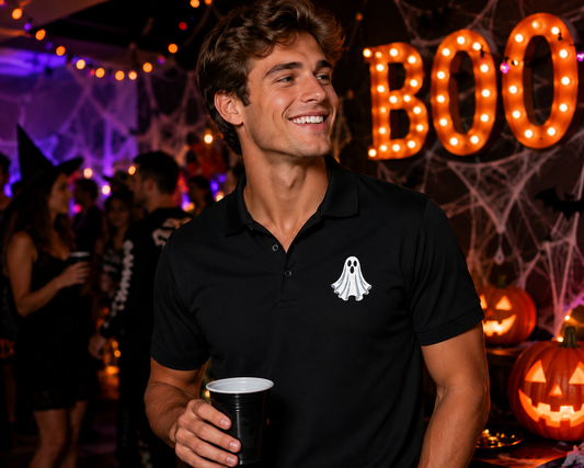 Embroidered Halloween Ghost Polo Shirt, Spooky Ghost Polo, Premium Halloween Polo, Mercer + Mettle Performance Polo, Halloween Golf Shirt.