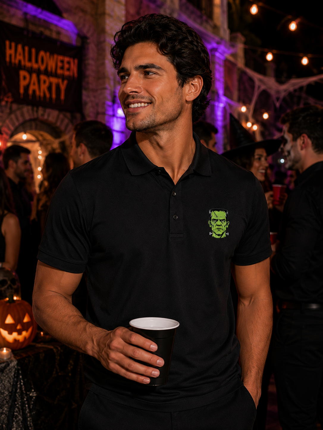 Embroidered Green Monster Halloween Polo Shirt, Vintage Spooky Monster Polo, Premium Halloween Golf Shirt, Halloween Performance Polo.