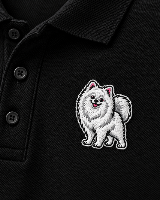 White Pomeranian Embroidered Polo Shirt, Black Unisex Pom Dog Polo.