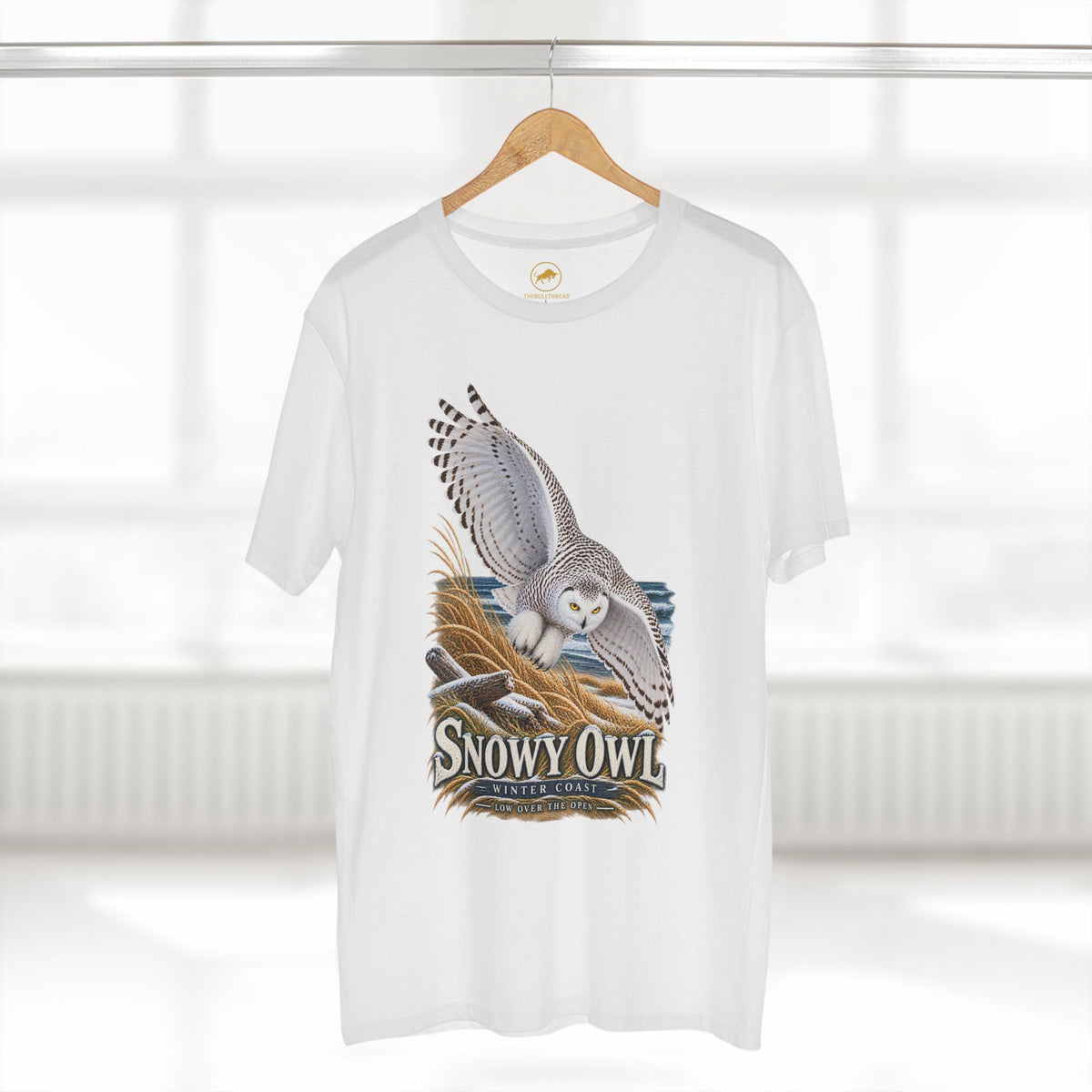 Snowy Owl Birding T-Shirt - Winter Coast Wildlife Graphic Tee, Bubo scandiacus.
