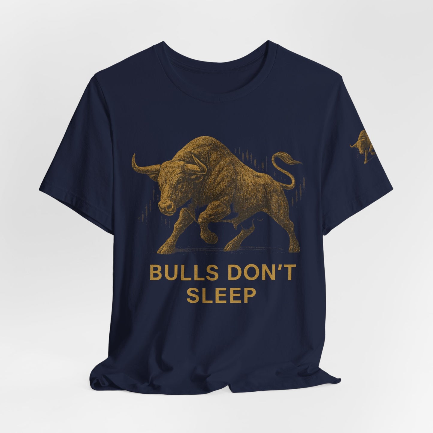 Luxury Crypto Trader T-Shirt - Bulls Don’t Sleep Gold Charging Bull Design by TheBullThread