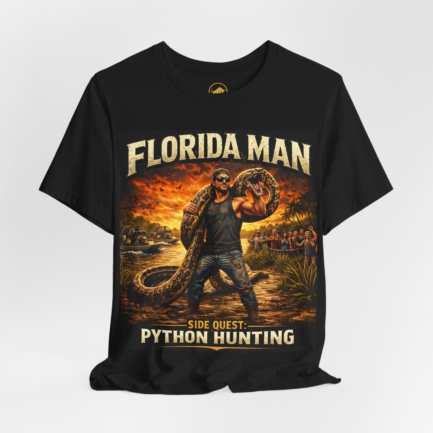 Florida Man Python Hunting Shirt, Funny Florida Meme Tee, Everglades Gator Hunter Graphic T-Shirt, Florida Gift for Men, Black Graphic Tee.