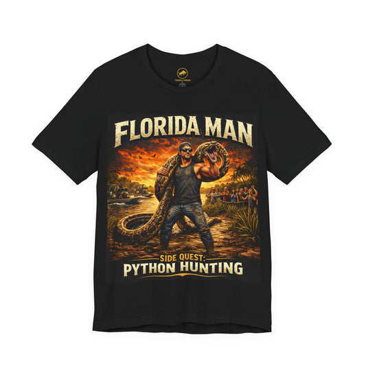 Florida Man Python Hunting Shirt, Funny Florida Meme Tee, Everglades Gator Hunter Graphic T-Shirt, Florida Gift for Men, Black Graphic Tee.