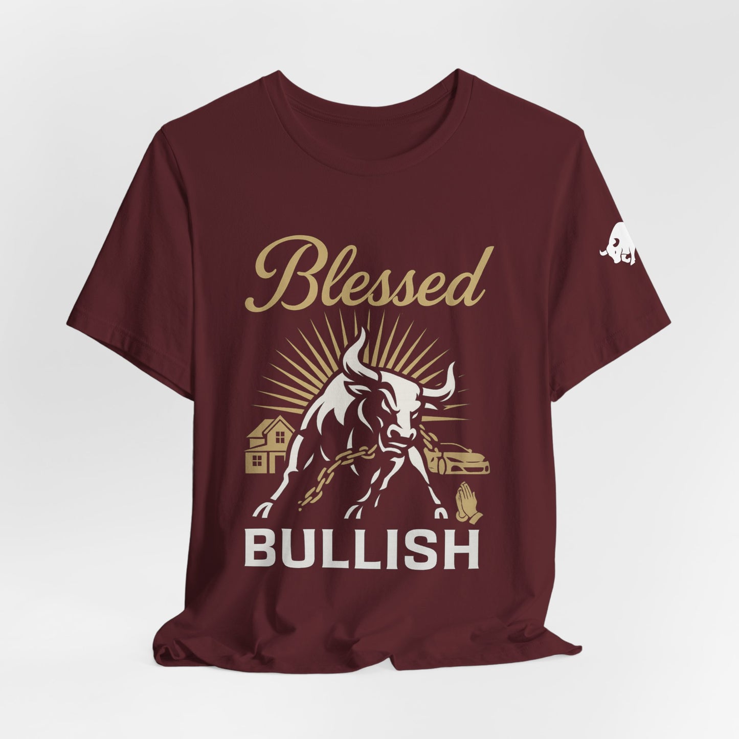 Luxury Crypto Tee - Blessed and Bullish Gold Bull Faith & Finance Design by TheBullThread