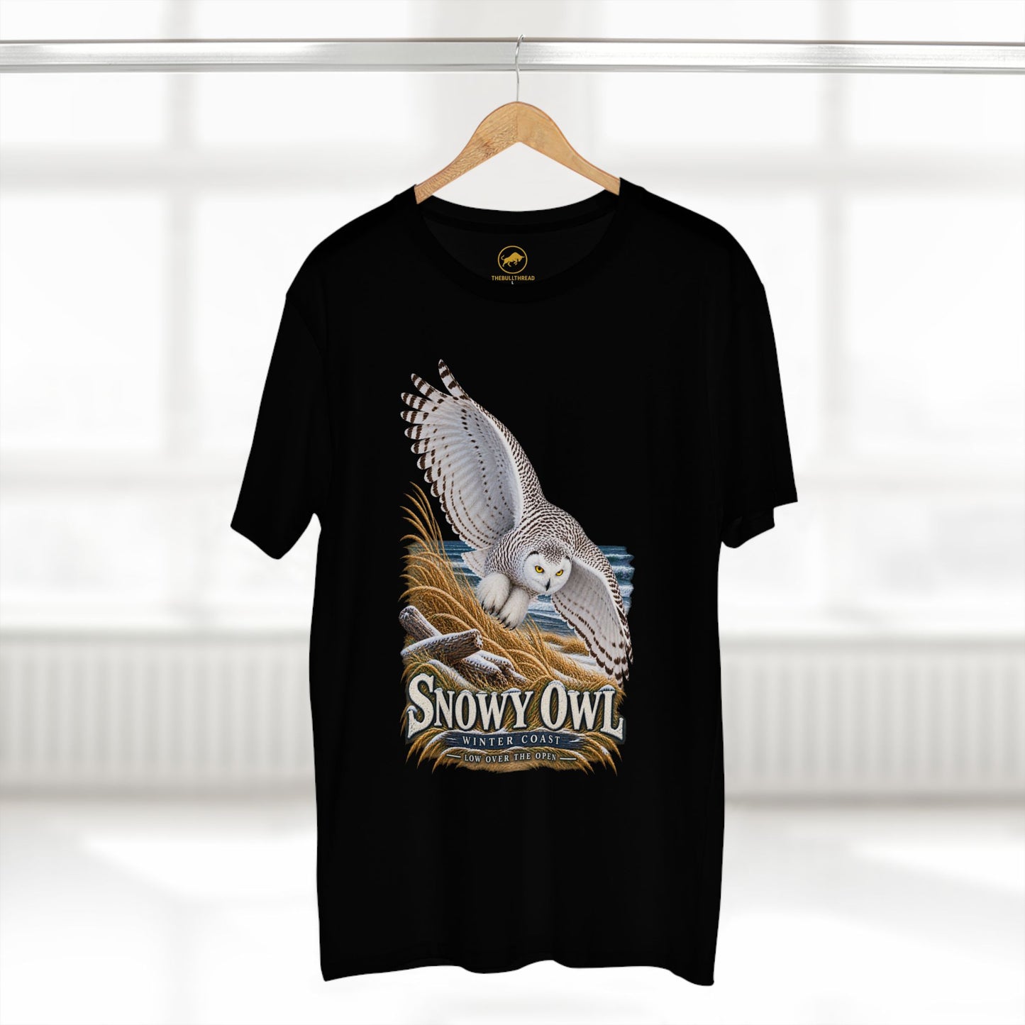Snowy Owl Birding T-Shirt - Winter Coast Wildlife Graphic Tee, Bubo scandiacus.