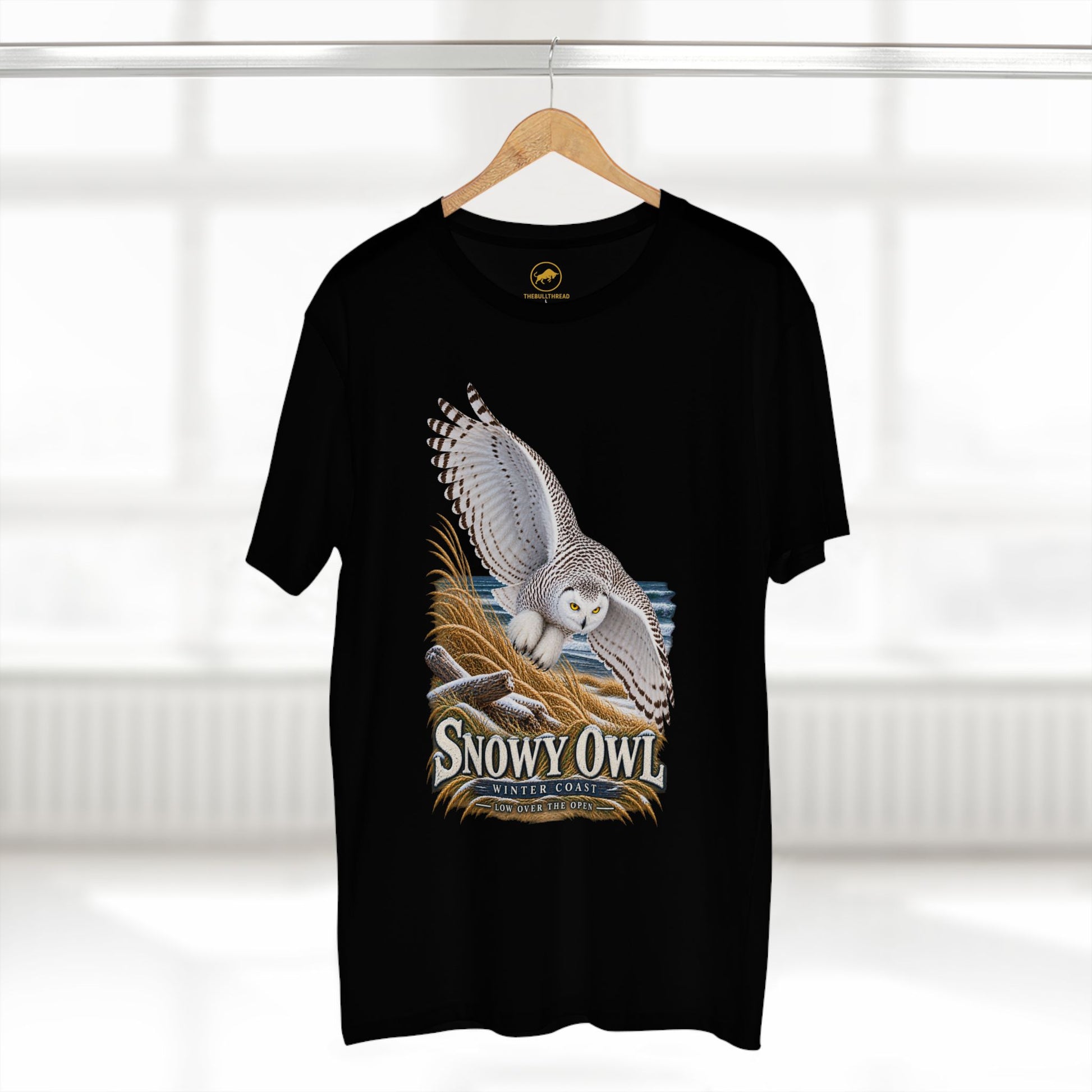 Snowy Owl Birding T-Shirt - Winter Coast Wildlife Graphic Tee, Bubo scandiacus.