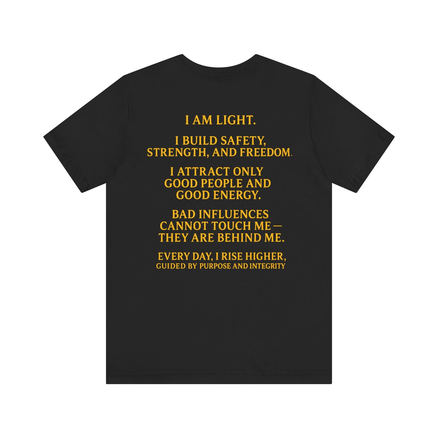 I Am Light Motivational Shirt - Gold Sunburst Beam Graphic Tee | Premium Black Streetwear with Inspirational Quote Back | TheBullThread