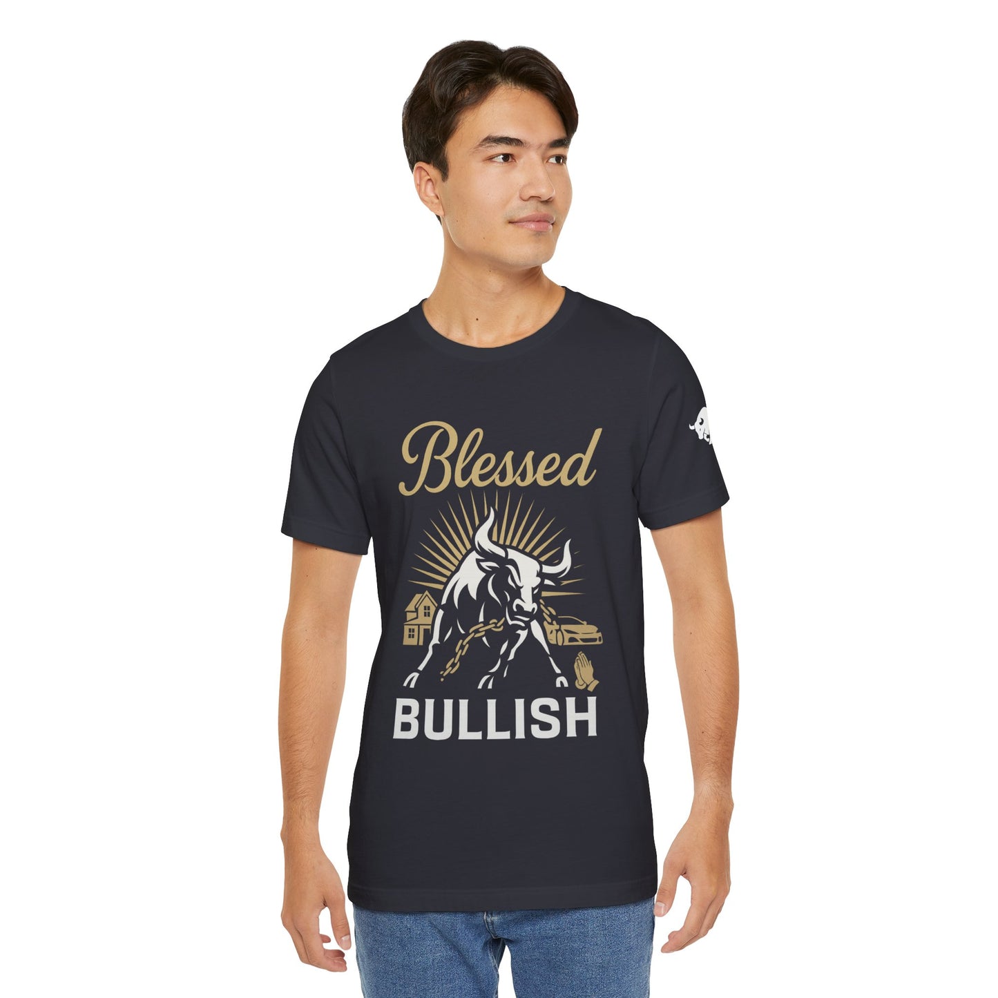 Luxury Crypto Tee - Blessed and Bullish Gold Bull Faith & Finance Design by TheBullThread