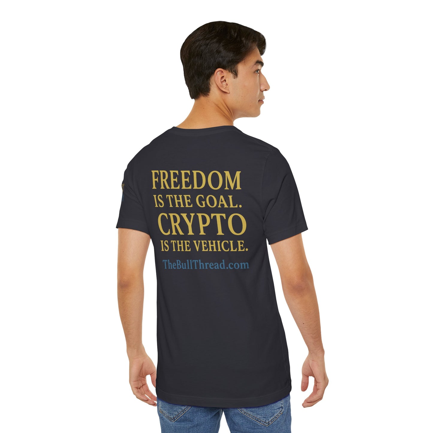 Premium Crypto T-Shirt - Bullish Freedom Gold & Blue Bull Print by TheBullThread