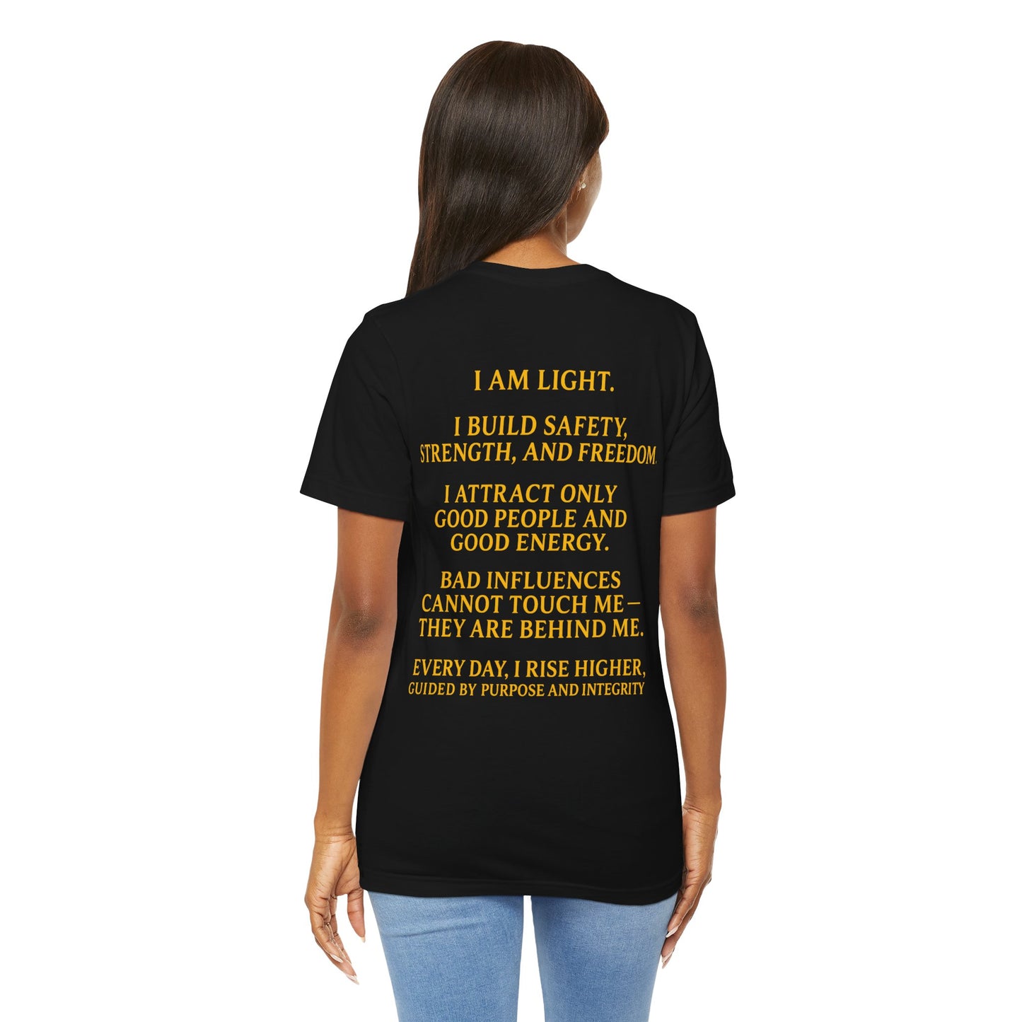 I Am Light Motivational Shirt - Gold Sunburst Beam Graphic Tee | Premium Black Streetwear with Inspirational Quote Back | TheBullThread