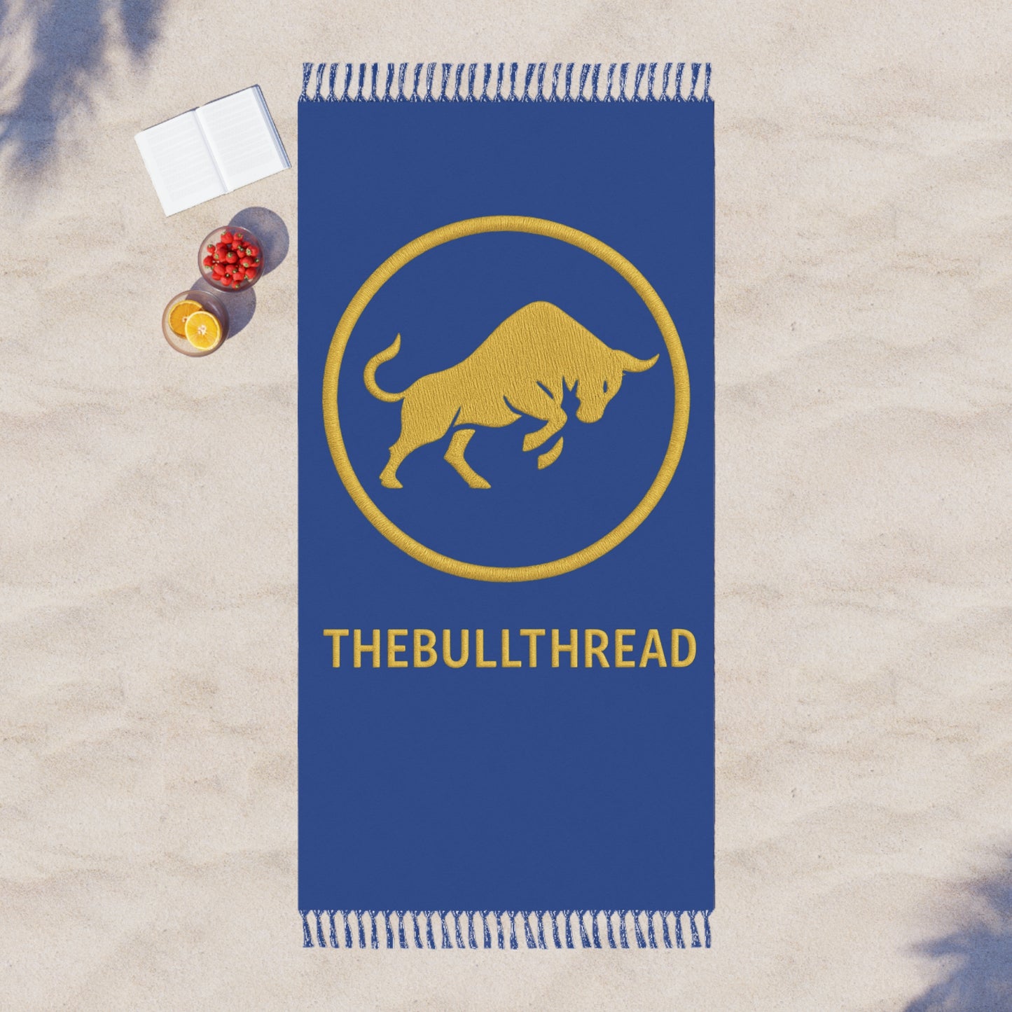 Premium Boho Beach Blanket - Dark Blue with Gold Ring & Bull by TheBullThread
