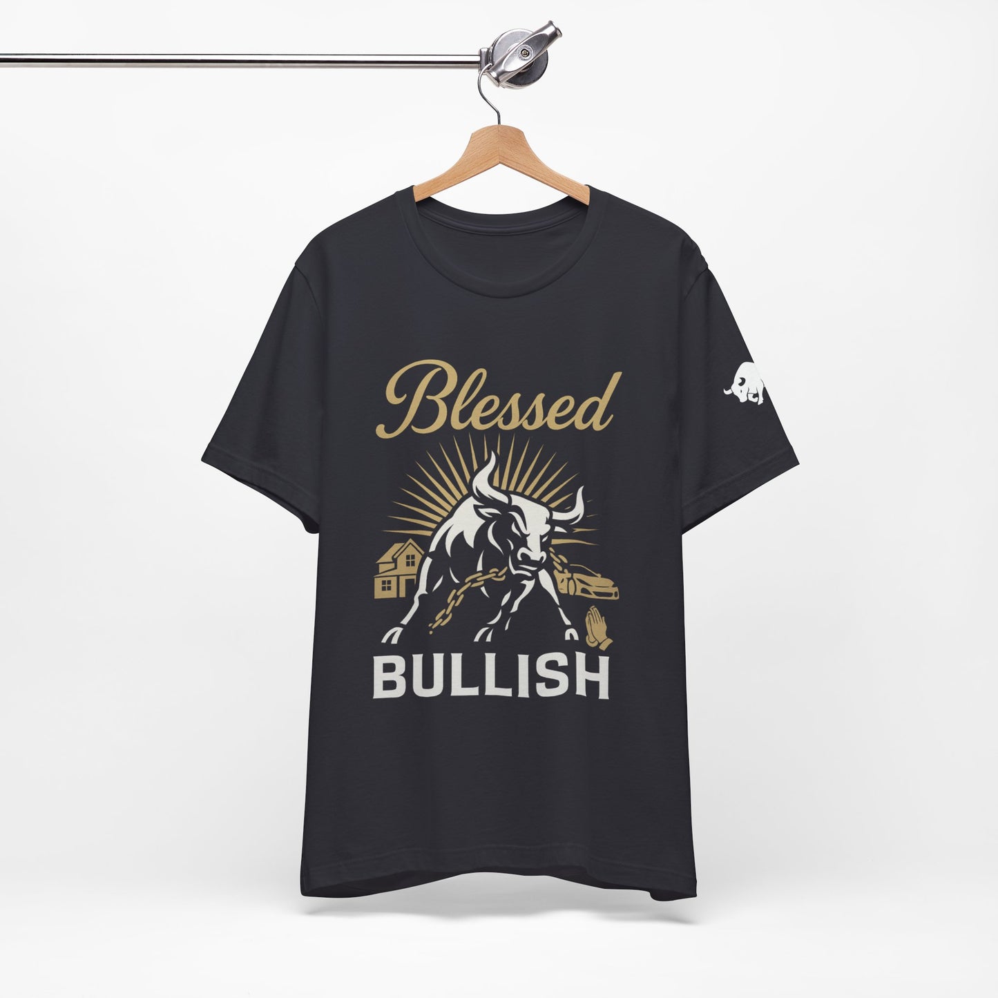 Luxury Crypto Tee - Blessed and Bullish Gold Bull Faith & Finance Design by TheBullThread