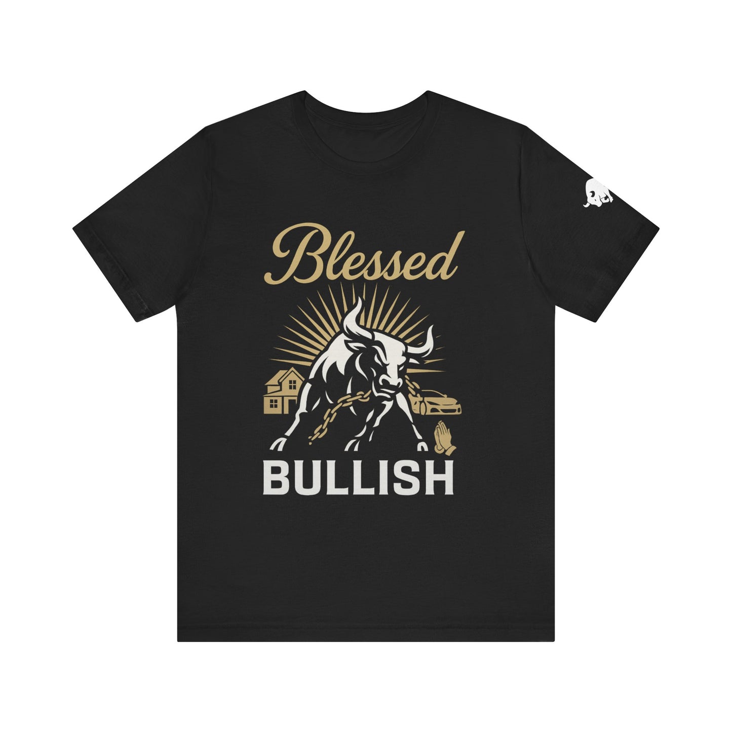 Luxury Crypto Tee - Blessed and Bullish Gold Bull Faith & Finance Design by TheBullThread