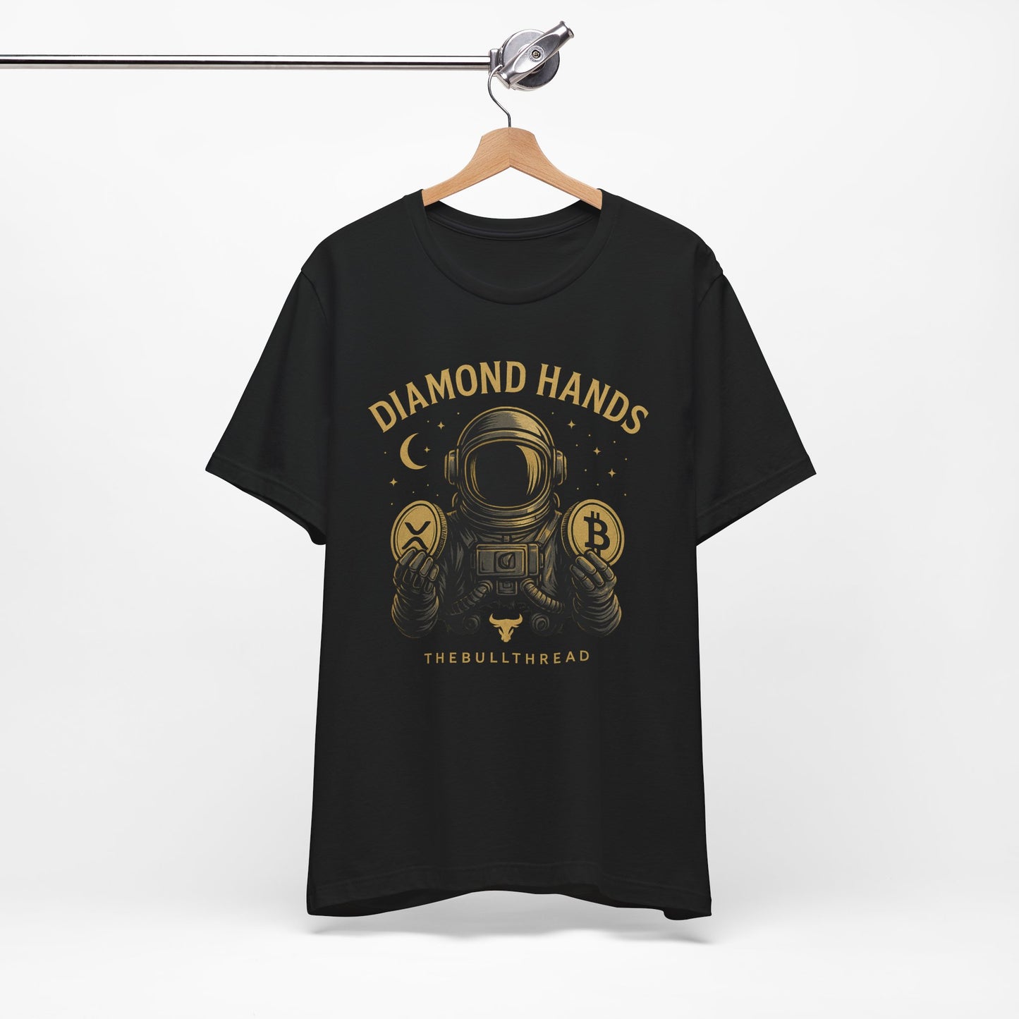 Premium Space Crypto T-Shirt – Bitcoin XRP Astronaut Diamond Hands Design by TheBullThread