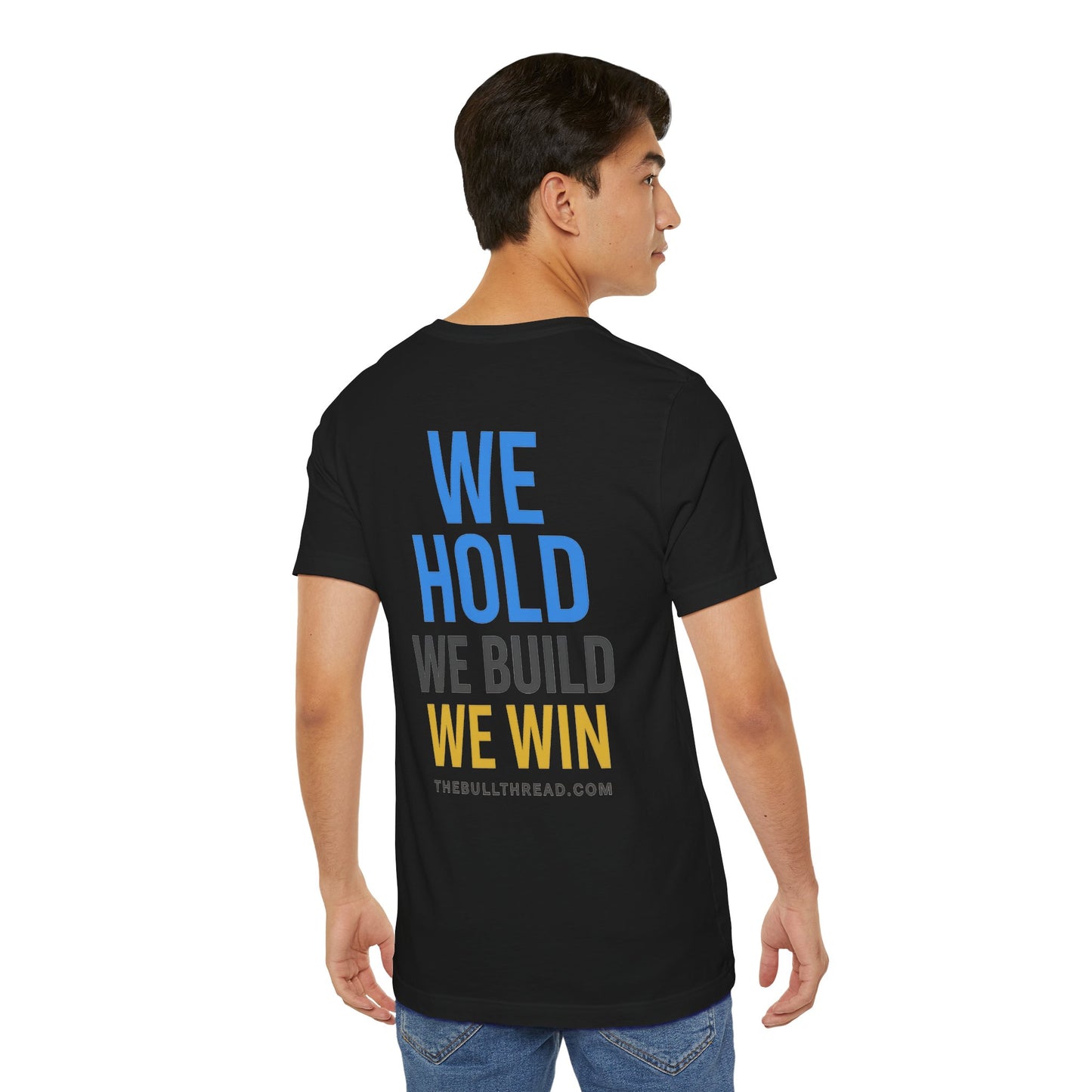 Premium Black Crypto T-Shirt - Bullish Mindset Gold Bull Logo We Hold We Build We Win by TheBullThread