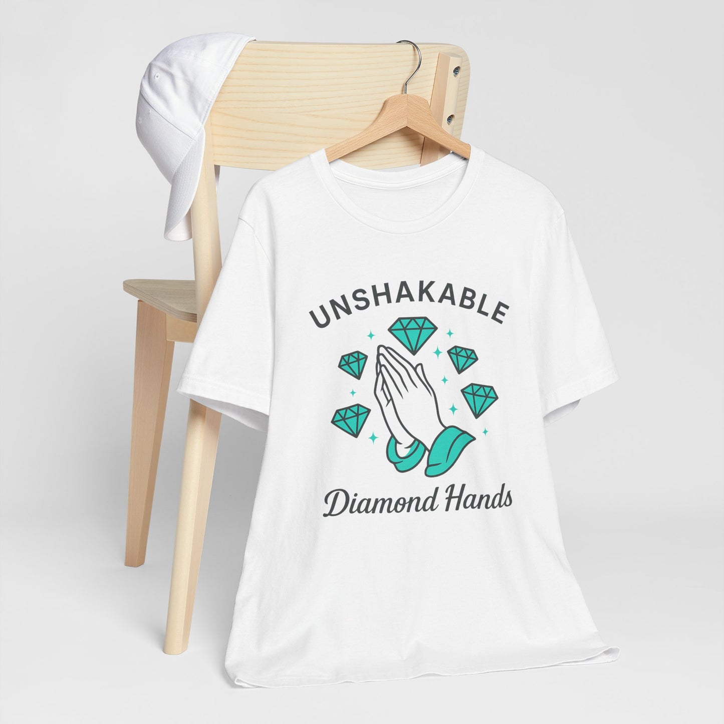 Premium Crypto Graphic Tee – Diamond Hands Praying Turquoise Design for HODLers by TheBullThread