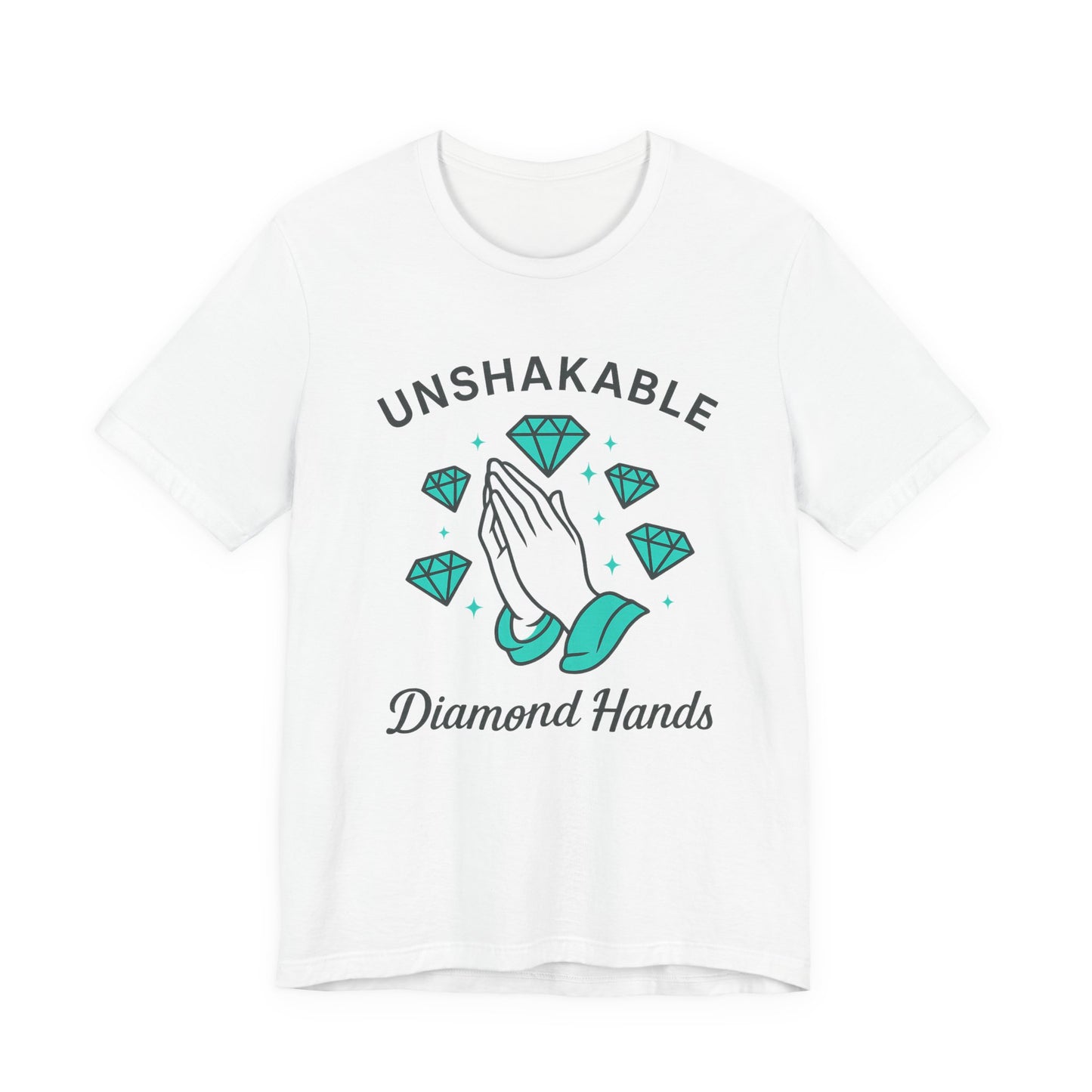Premium Crypto Graphic Tee – Diamond Hands Praying Turquoise Design for HODLers by TheBullThread