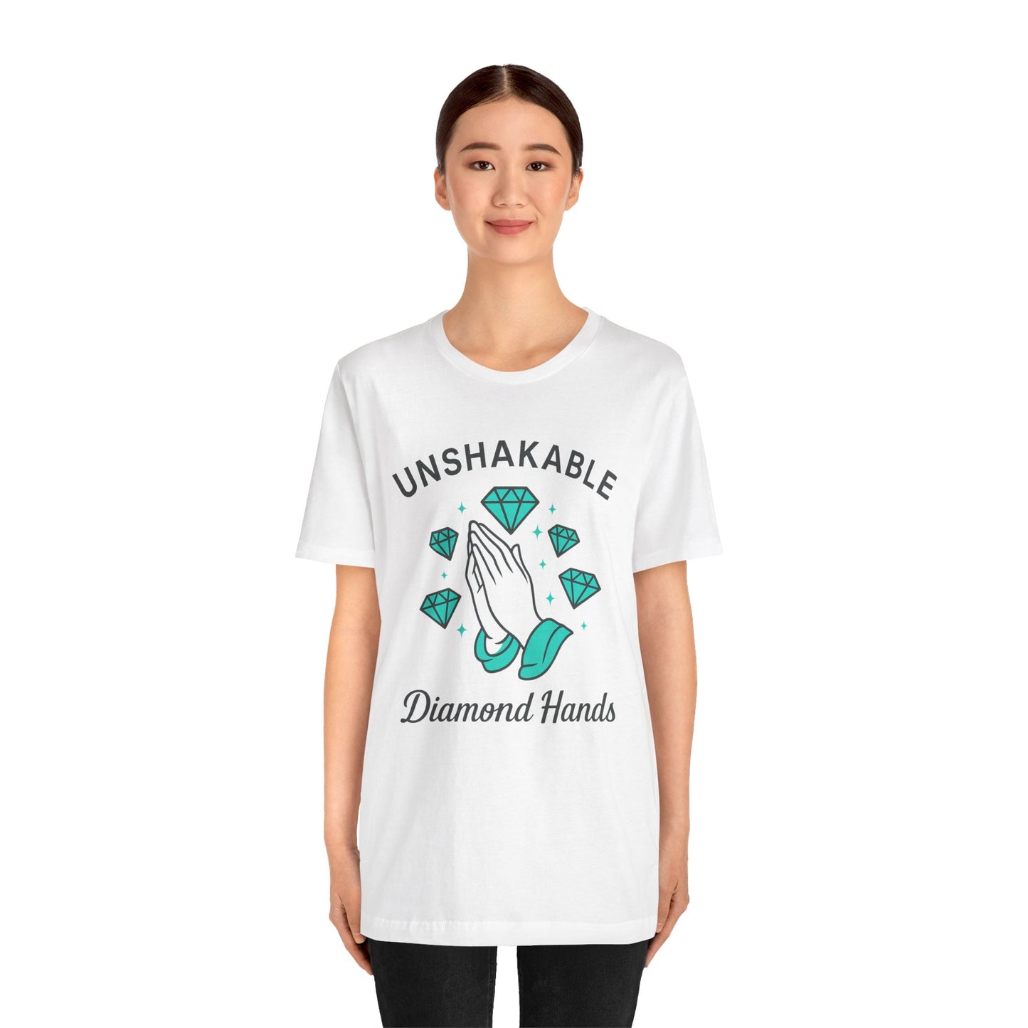 Premium Crypto Graphic Tee – Diamond Hands Praying Turquoise Design for HODLers by TheBullThread