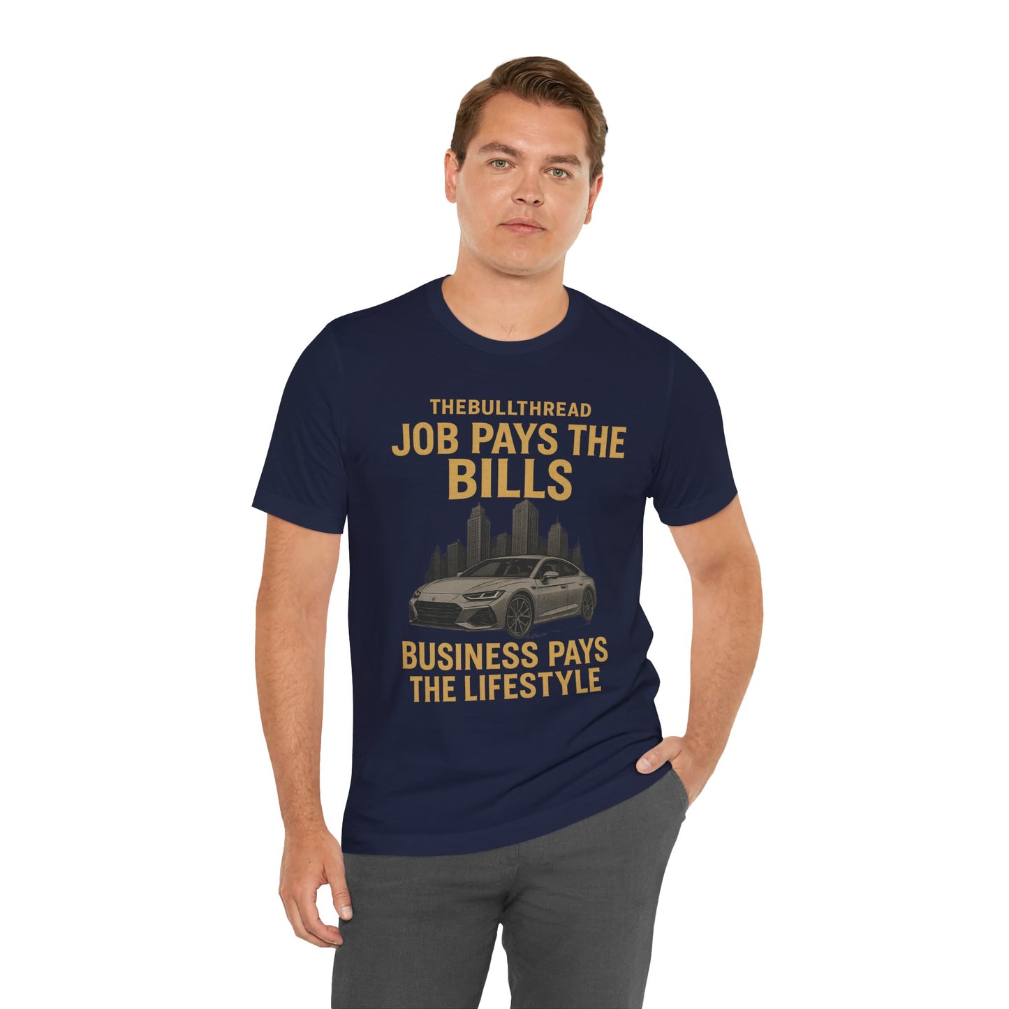 Premium Gold Motivational Streetwear Tee by The BullThread | Job Pays the Bills Business Pays the Lifestyle | Luxury Investor Shirt