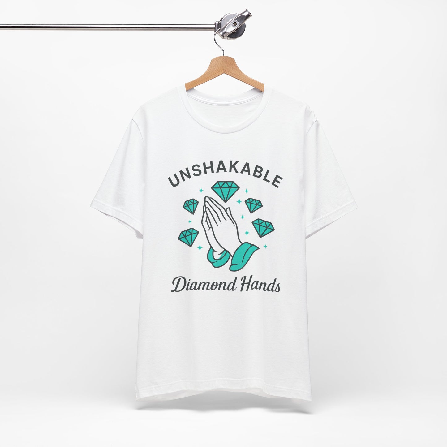 Premium Crypto Graphic Tee – Diamond Hands Praying Turquoise Design for HODLers by TheBullThread