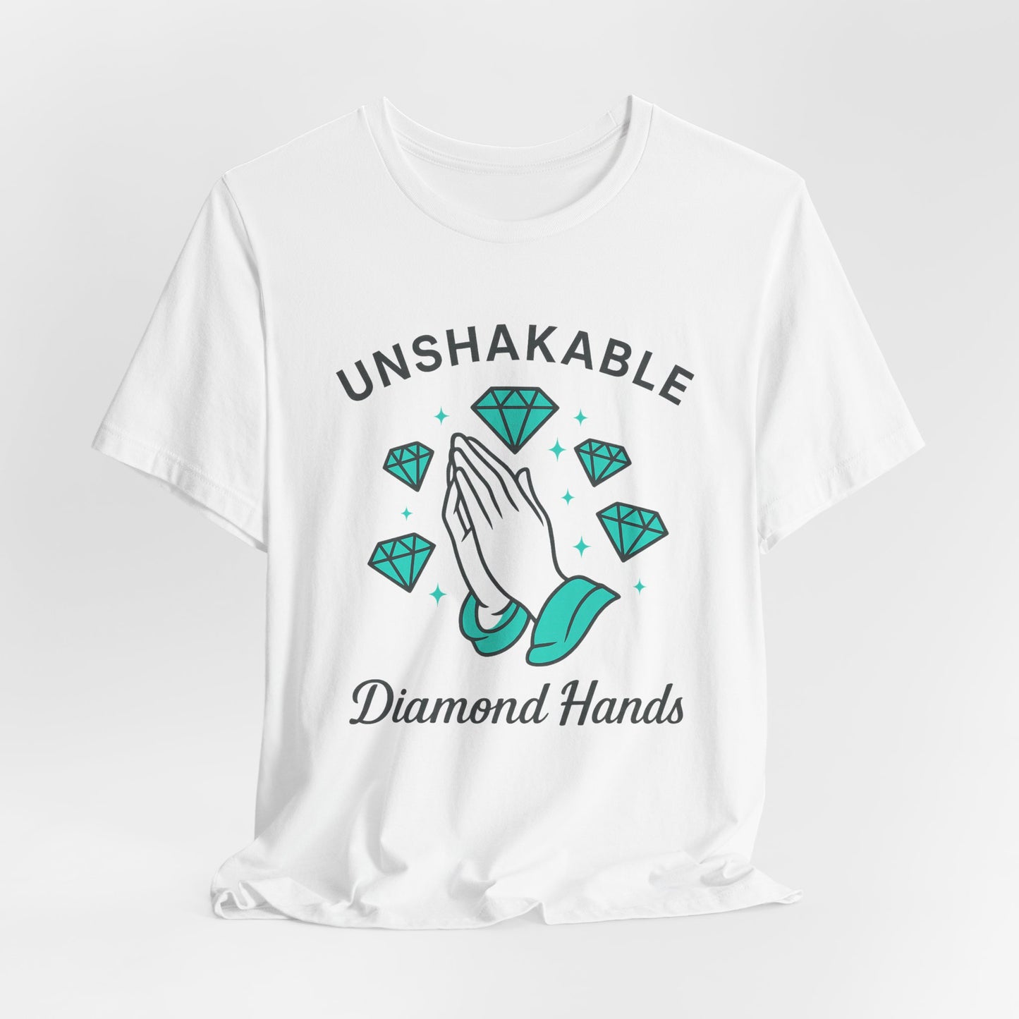 Premium Crypto Graphic Tee – Diamond Hands Praying Turquoise Design for HODLers by TheBullThread