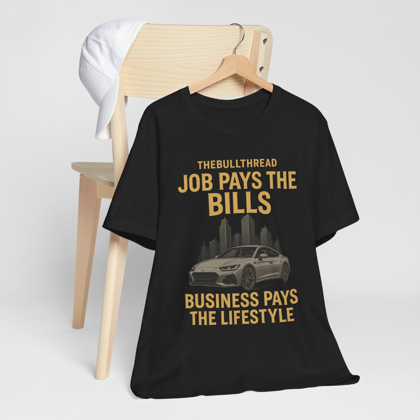 Premium Gold Motivational Streetwear Tee by The BullThread | Job Pays the Bills Business Pays the Lifestyle | Luxury Investor Shirt
