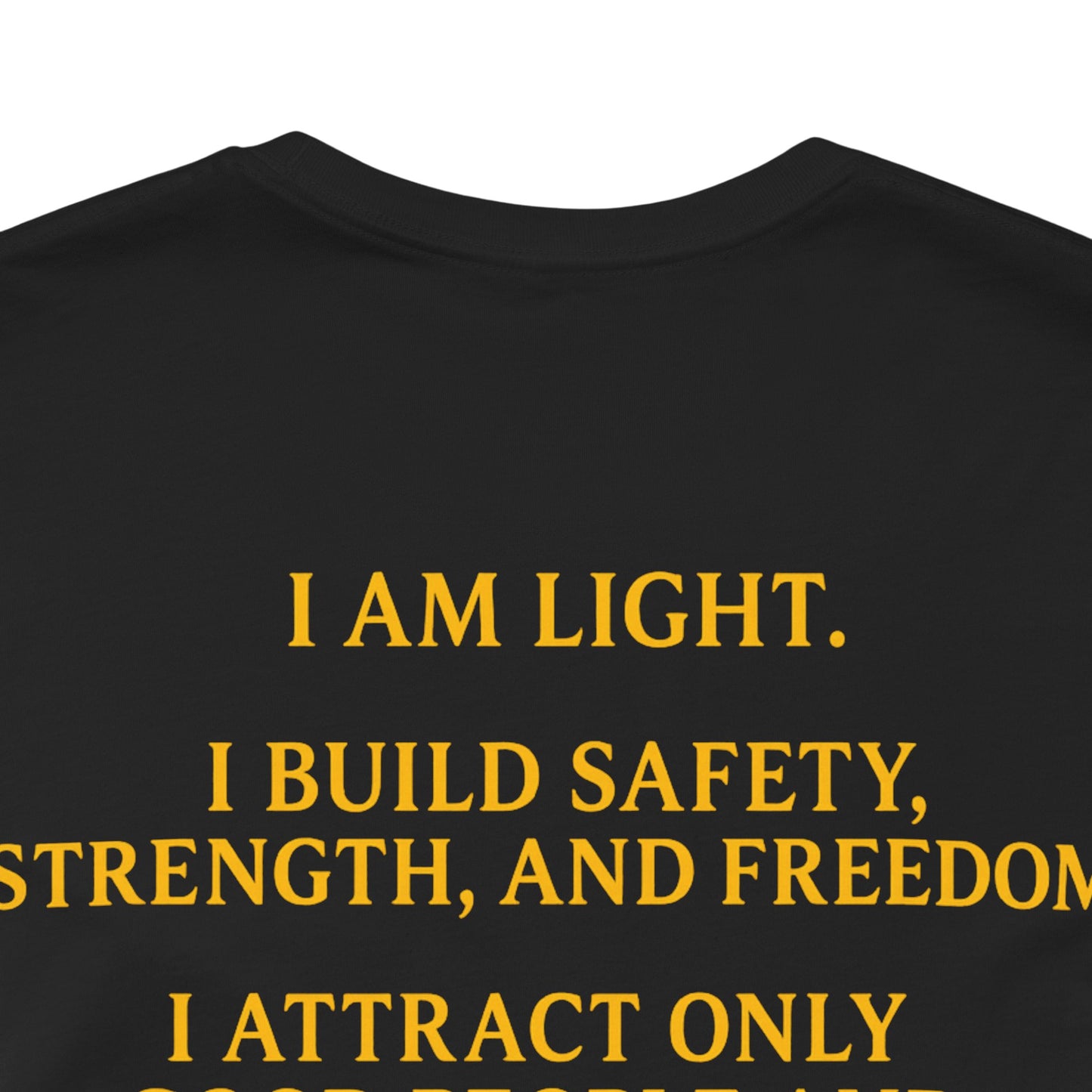 I Am Light Motivational Shirt - Gold Sunburst Beam Graphic Tee | Premium Black Streetwear with Inspirational Quote Back | TheBullThread