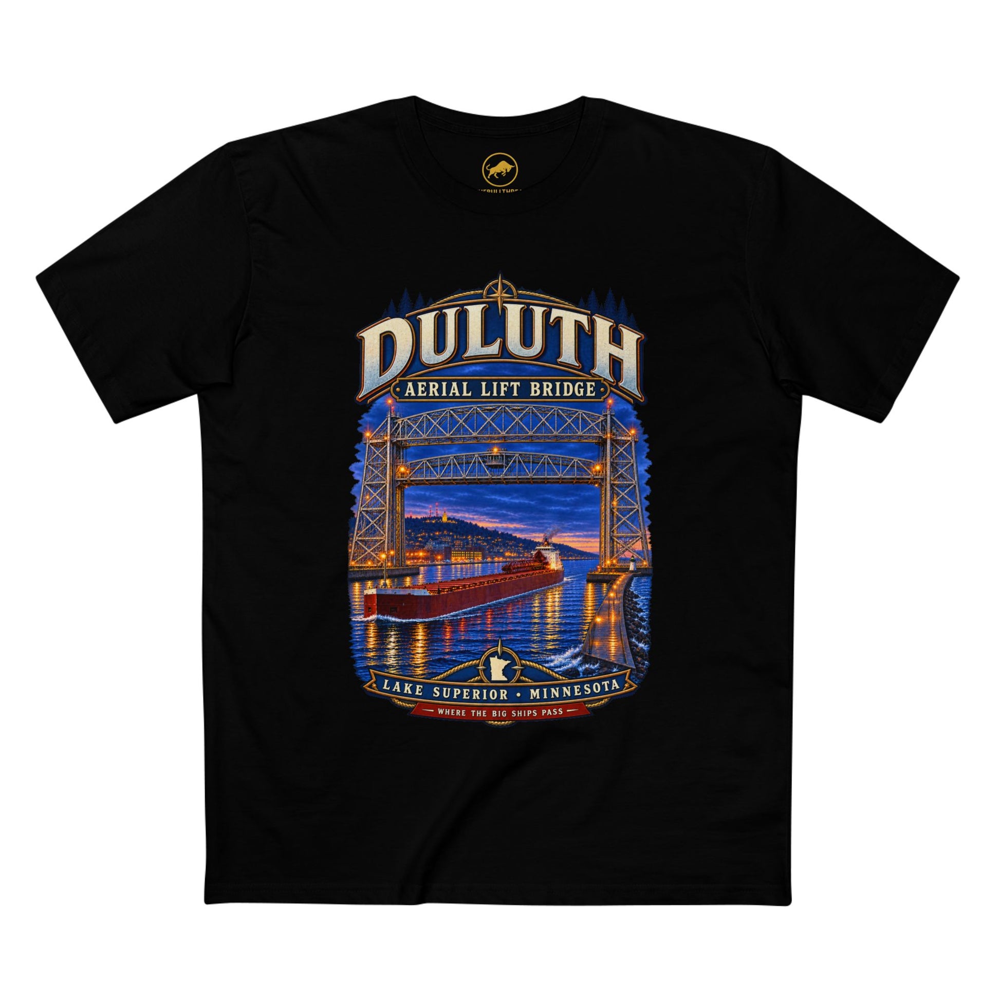 Duluth Aerial Lift Bridge T-Shirt, Lake Superior Minnesota Great Lakes Freighter Tee.