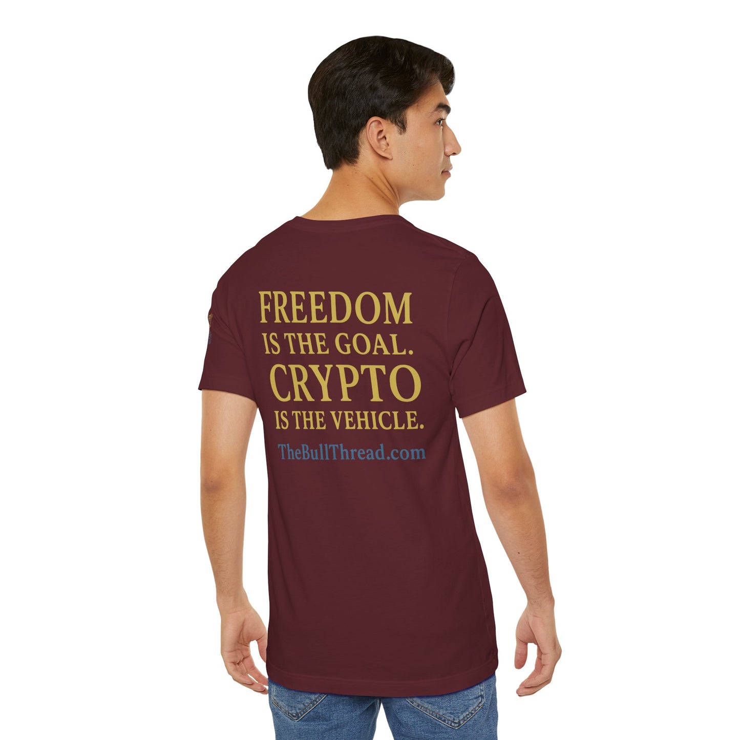 Premium Crypto T-Shirt - Bullish Freedom Gold & Blue Bull Print by TheBullThread