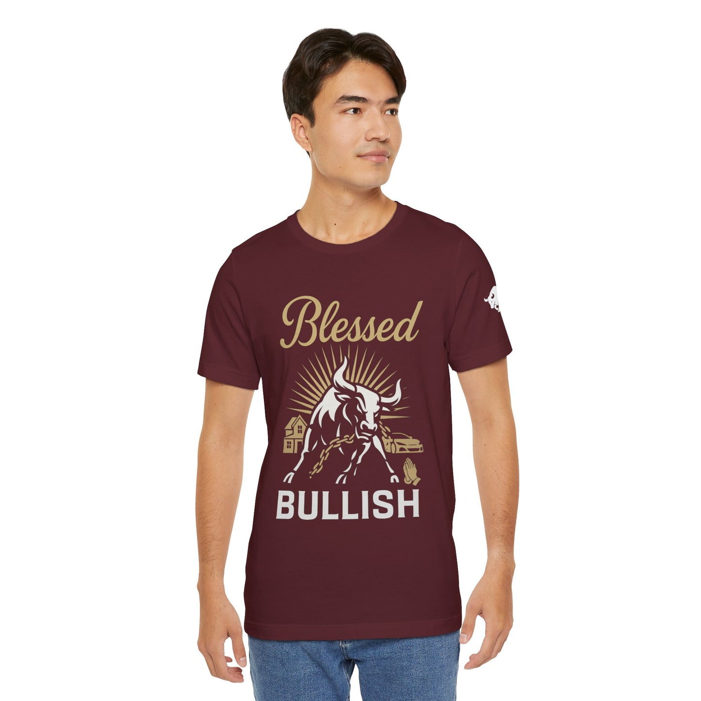 Luxury Crypto Tee - Blessed and Bullish Gold Bull Faith & Finance Design by TheBullThread