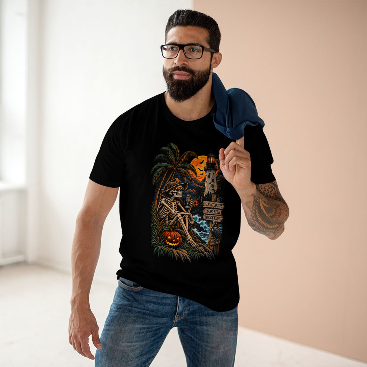 Lighthouse Halloween Shirt, Skeleton Beach Tee, Coastal Spooky Season Shirt, Beer Lover Gift, Tropical Halloween Tee