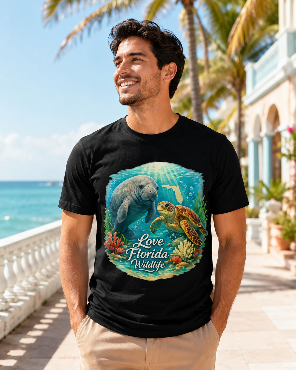 Love Florida Wildlife Shirt, Manatee and Sea Turtle Tee, Florida Coastal Graphic T-Shirt, Premium AS Colour 5001 Nature Gift