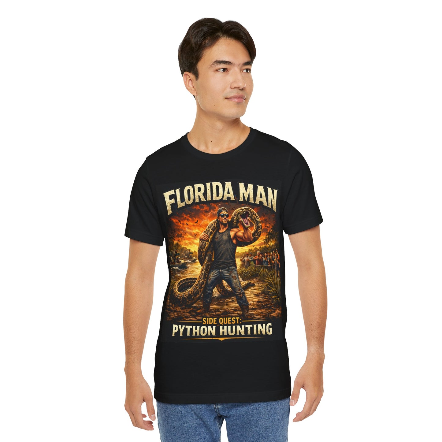 Florida Man Python Hunting Shirt, Funny Florida Meme Tee, Everglades Gator Hunter Graphic T-Shirt, Florida Gift for Men, Black Graphic Tee.