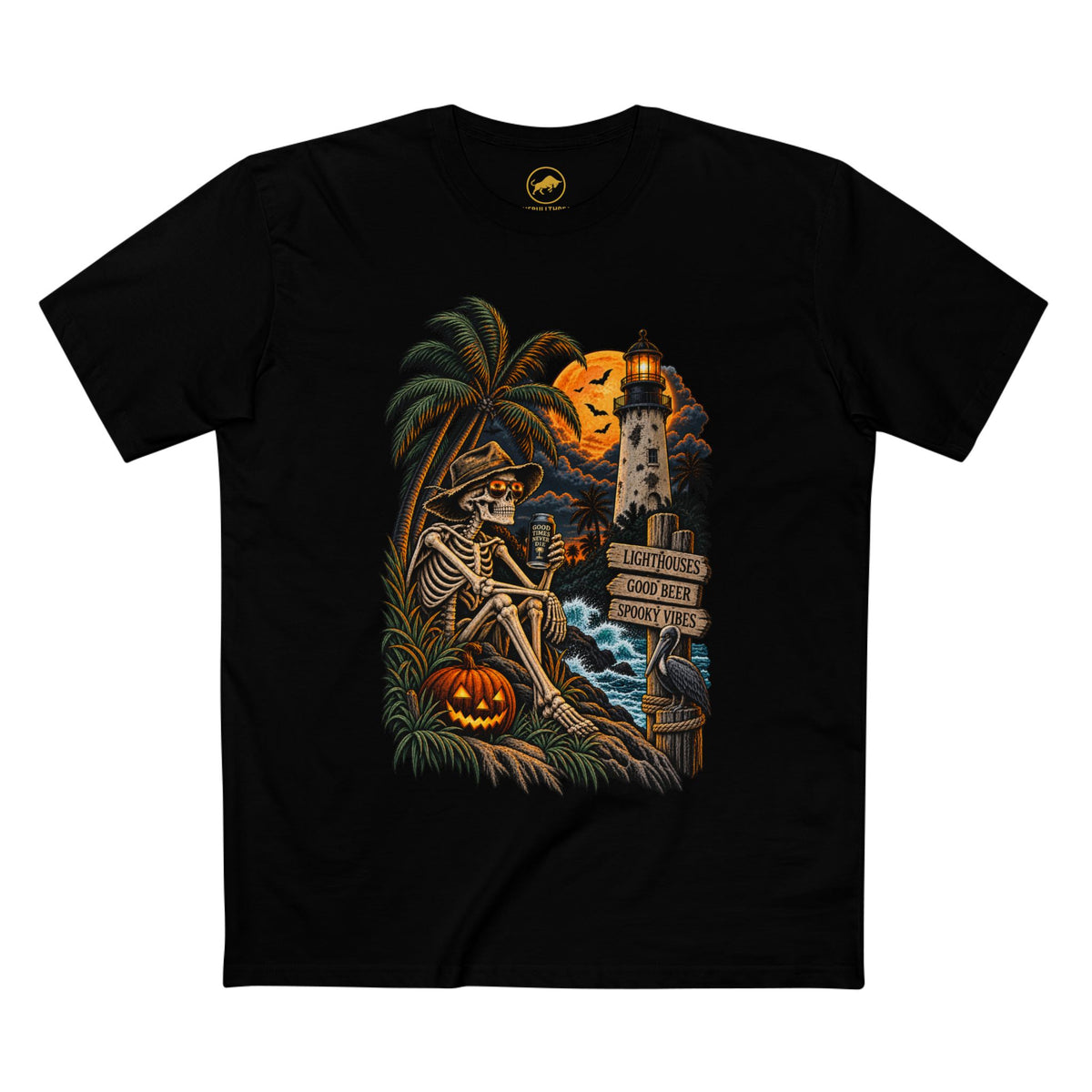 Lighthouse Halloween Shirt, Skeleton Beach Tee, Coastal Spooky Season Shirt, Beer Lover Gift, Tropical Halloween Tee