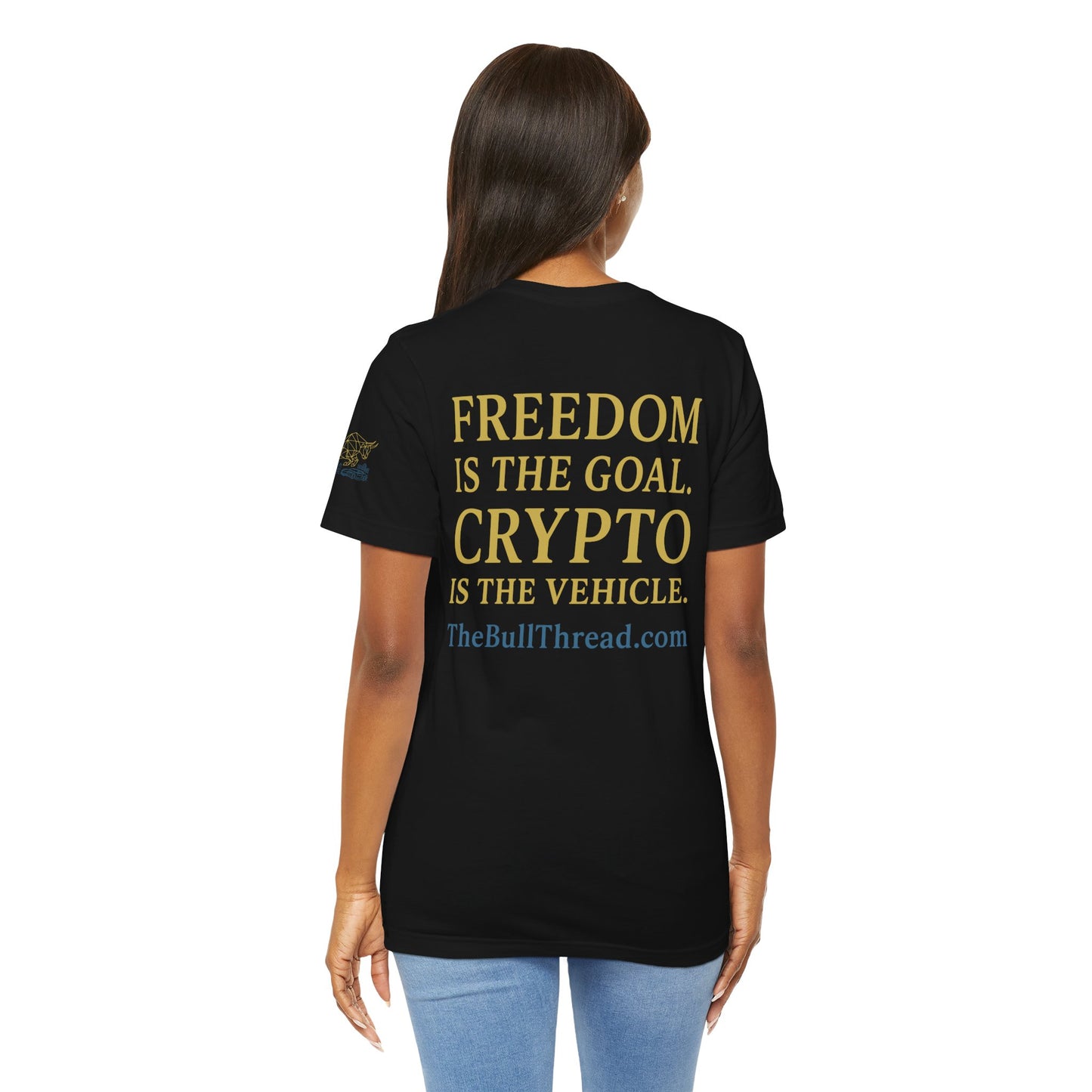 Premium Crypto T-Shirt - Bullish Freedom Gold & Blue Bull Print by TheBullThread