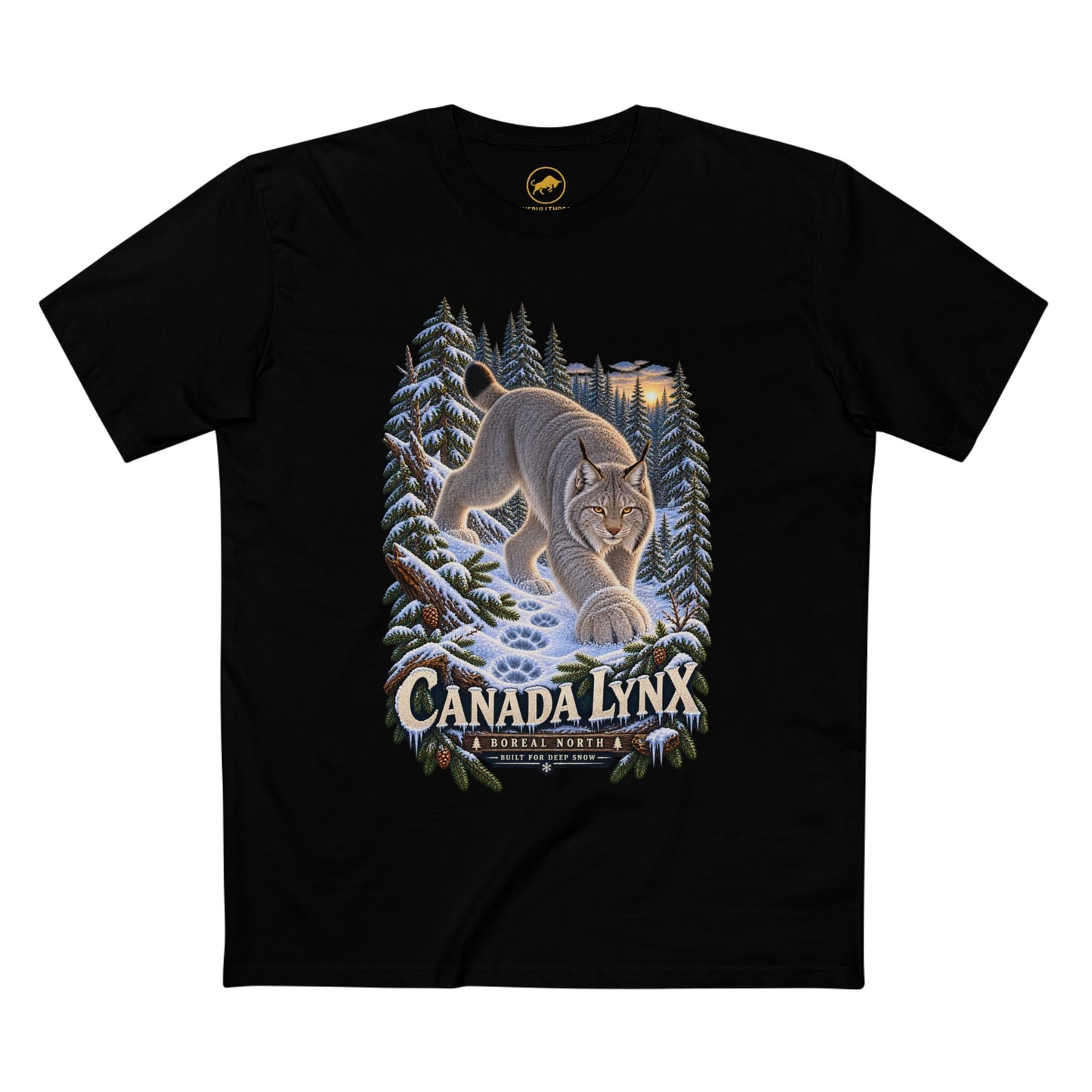 Canada Lynx T-Shirt, Boreal Forest Wildlife Graphic, Deep Snow Wild Cat Design