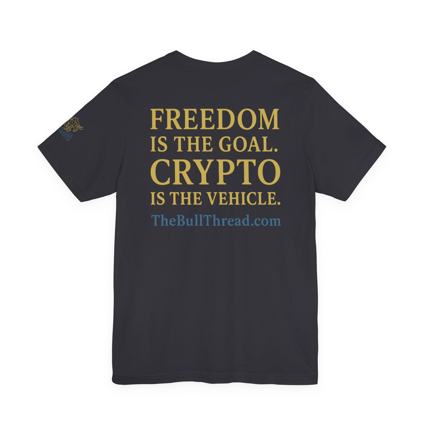 Premium Crypto T-Shirt - Bullish Freedom Gold & Blue Bull Print by TheBullThread
