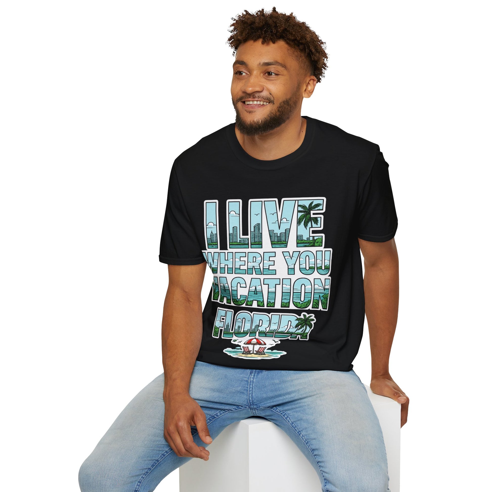 Florida Beach Shirt | I Live Where You Vacation Tee | Coastal Vacation Graphic T-Shirt | Miami Beach Tropical Summer Shirt | Florida Gift.