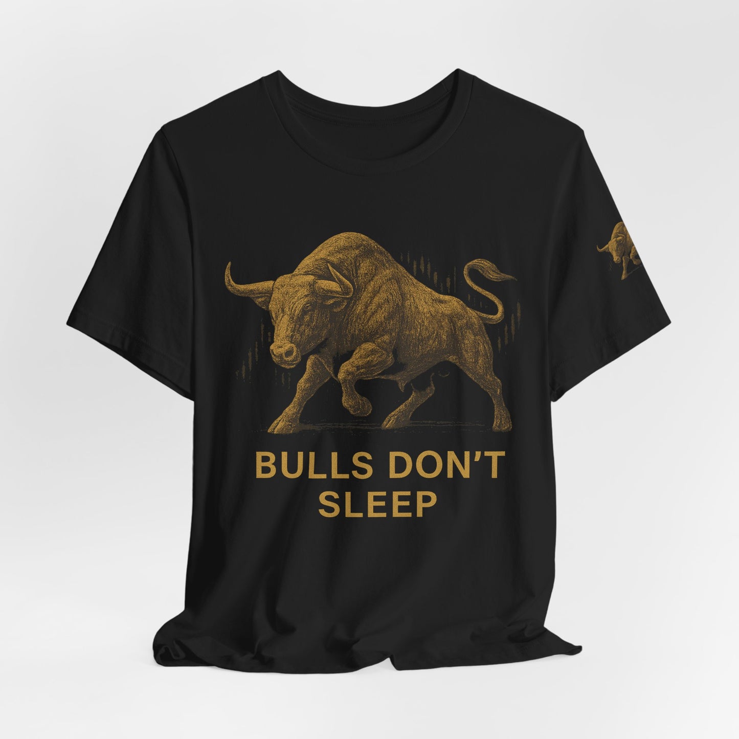 Luxury Crypto Trader T-Shirt - Bulls Don’t Sleep Gold Charging Bull Design by TheBullThread