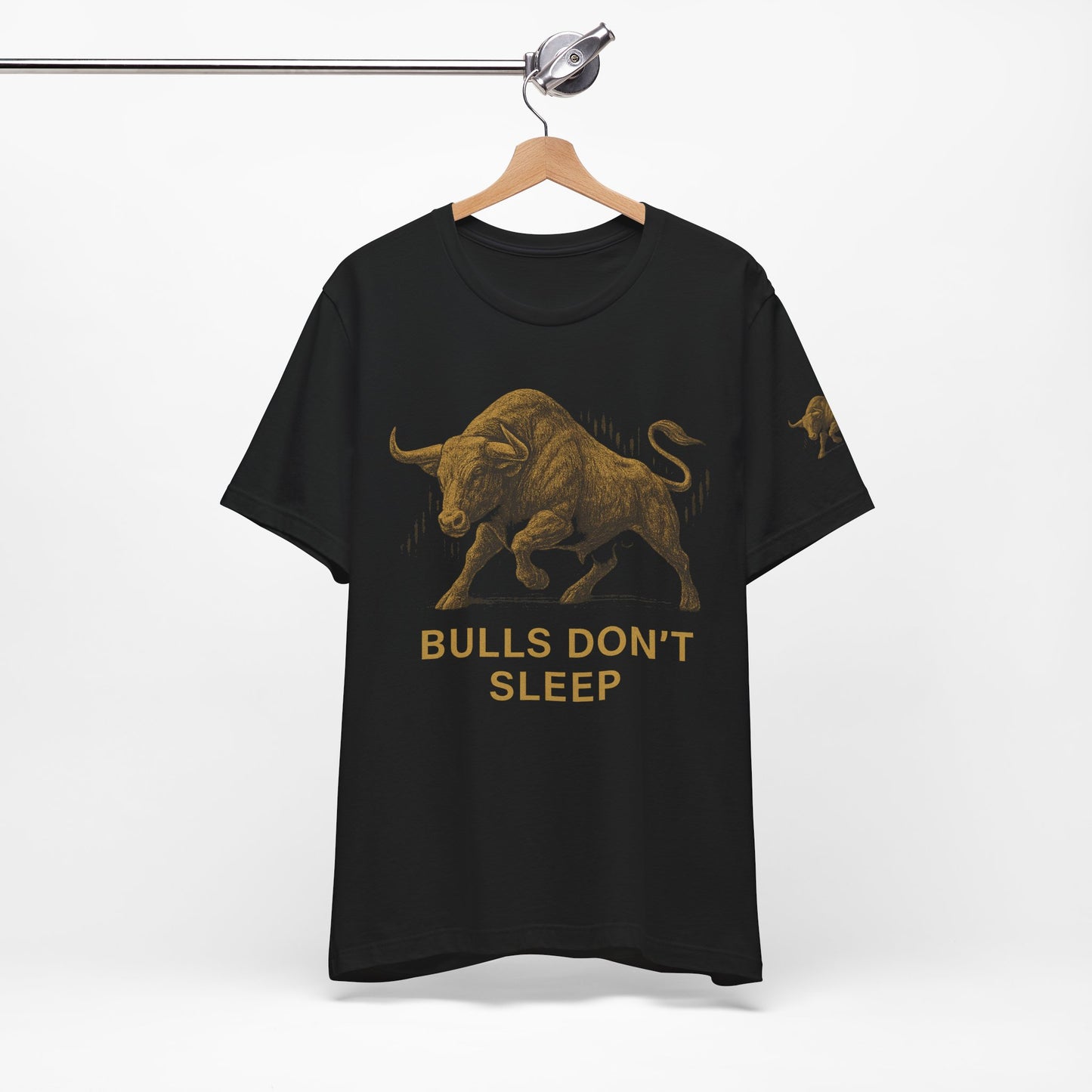 Luxury Crypto Trader T-Shirt - Bulls Don’t Sleep Gold Charging Bull Design by TheBullThread