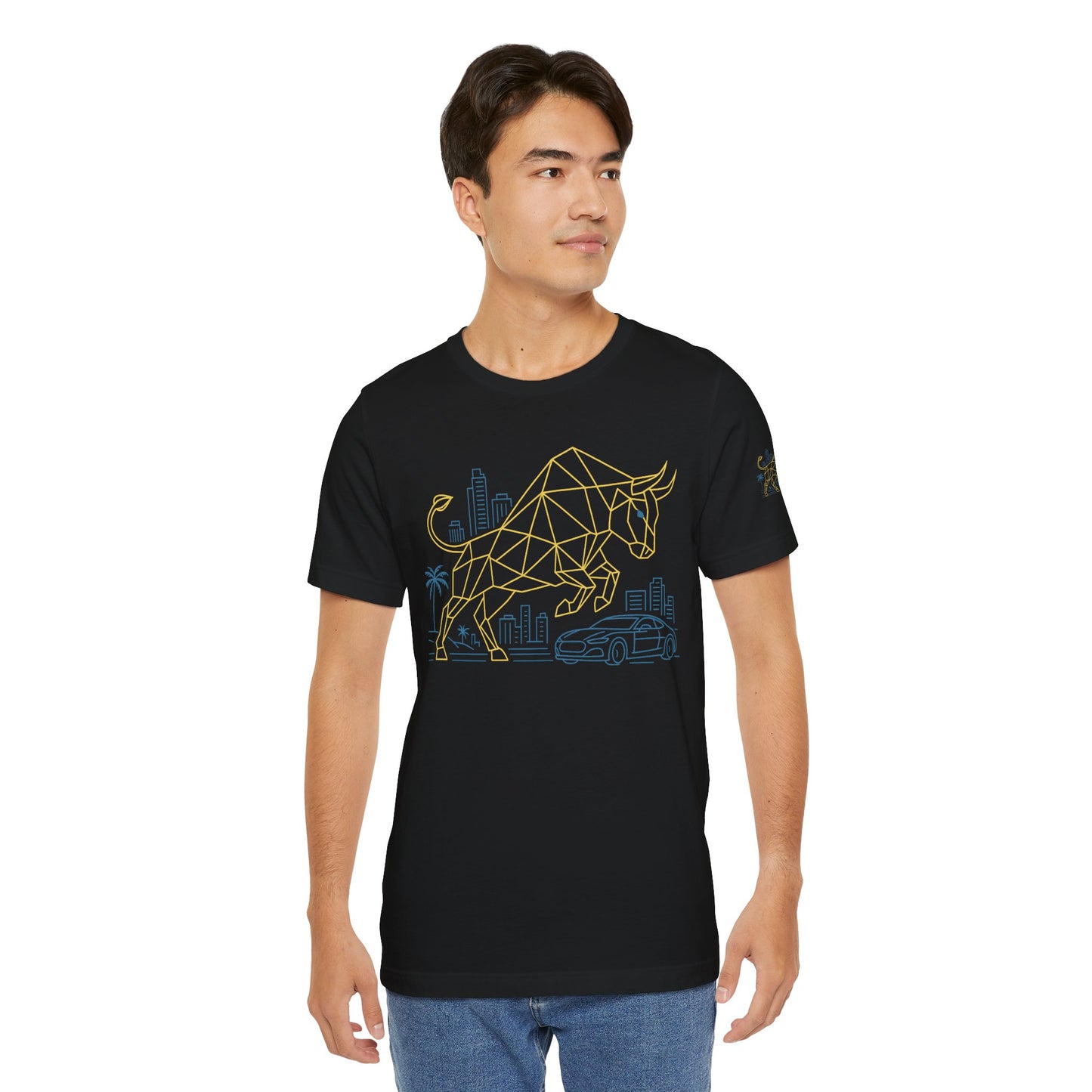 Premium Crypto T-Shirt - Bullish Freedom Gold & Blue Bull Print by TheBullThread