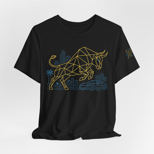 Premium Crypto T-Shirt - Bullish Freedom Gold & Blue Bull Print by TheBullThread