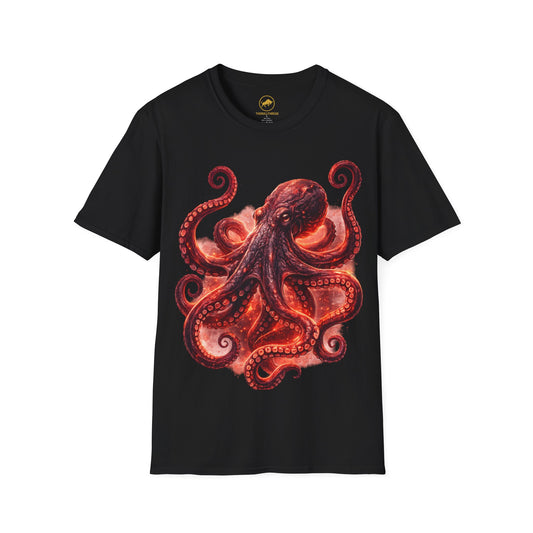 Premium Red Octopus Shirt, Glowing Kraken Ocean Tee, Fiery Deep Sea Graphic T Shirt, Coastal Nature Lover Gift, Bioluminescent Marine Art.